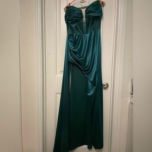 Long Green Prom Dress w/ Green Rhinestones/ Corset Top/ Thigh Slit/ Side Train